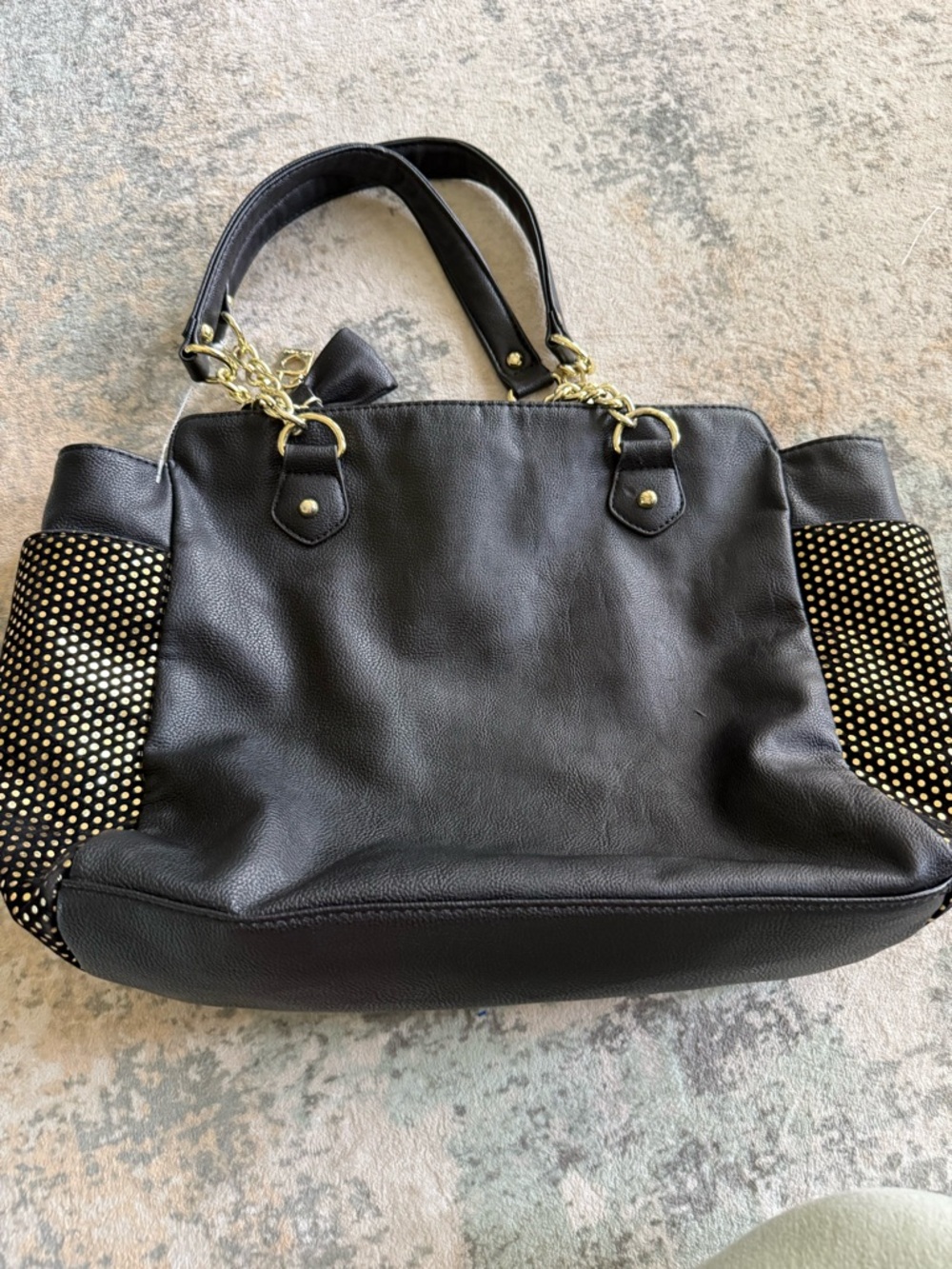 Betsey Johnson Black Tie Affair Quilted Tote - Gold Stud Details, Floral Lining - Picture 4 of 11